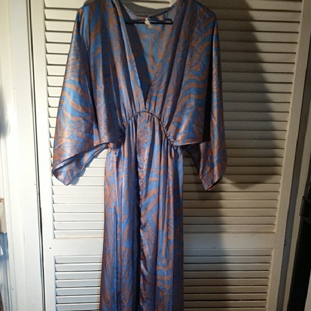 Tyche long lounge dress  pull on blue gold V neck & waist sz LG